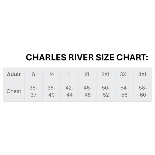 Size chart for the Charles River brand.