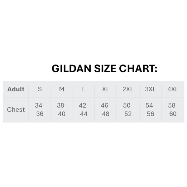 Size chart for the Gildan brand.