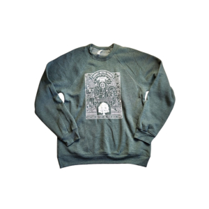 A green crewneck sweatshirt with a design in white ink that features several park related items and activities.