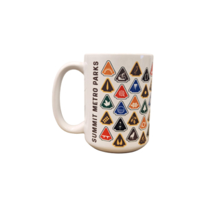 White mug with triangular trail icons.