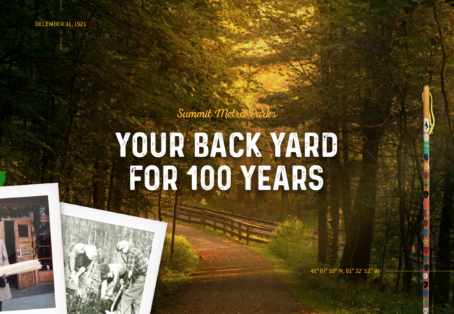 A background photo of a wooded paved trail. The words, "Summit Metro Parks, Your Back Yard for 100 Years" and several images of park visitors throughout the years overlay it.