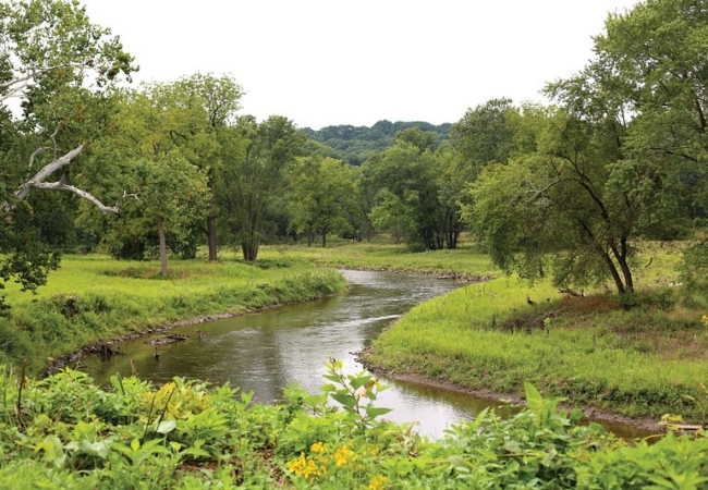 The Cuyahoga River bending through the Valley View Area of Cascade Valley Metro Park.