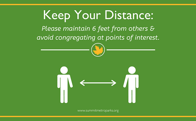 A graphic encouraging visitors to keep a safe distance of at least 6 feet from one another.