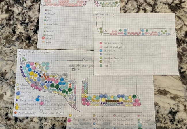 Several pieces of graph paper with hand-drawn illustrations of garden bed plans. The drawings include different colored circles indicating different plants used.