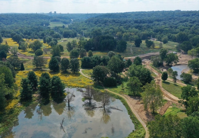 A drone photo of the Valley View Area of Cascade Valley Metro Park during restoration.
