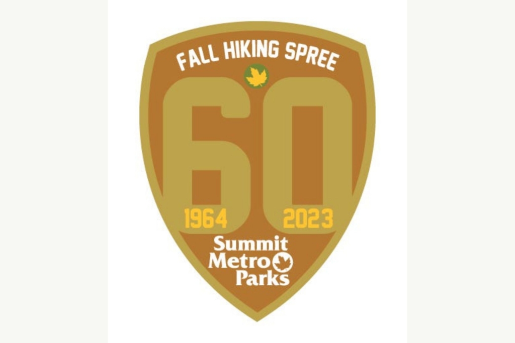 2023 Fall Hiking Shield design with a large 60 on most of the shield — 1964" sits in the bottom of the six, while "2023" sits in the bottom of the zero. The Summit Metro Parks logo is at the bottom.