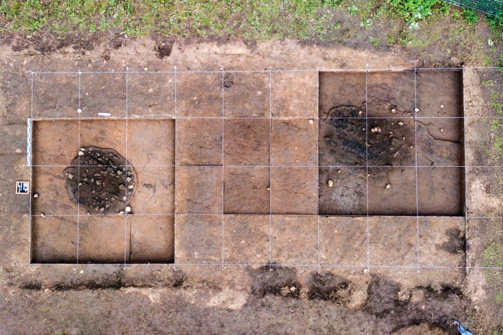 Aerial photograph of two earth ovens at Everett Knoll Complex Site