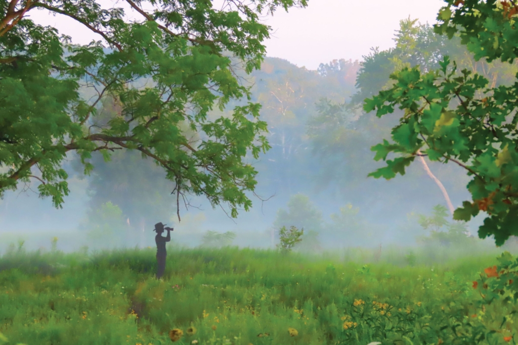 The Elain Marsh statue  sits in the foreground of a foggy scene at Cascade Valley Metro Park