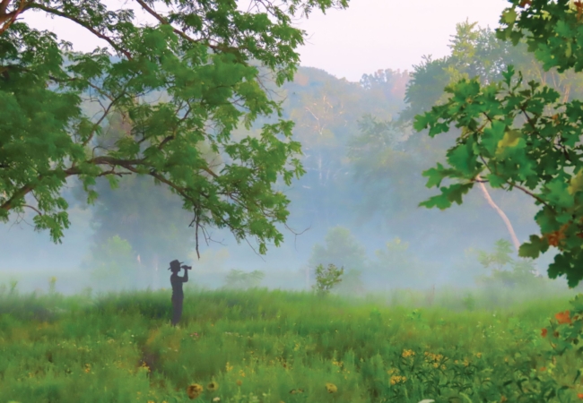 The Elain Marsh statue sits in the foreground of a foggy scene at Cascade Valley Metro Park