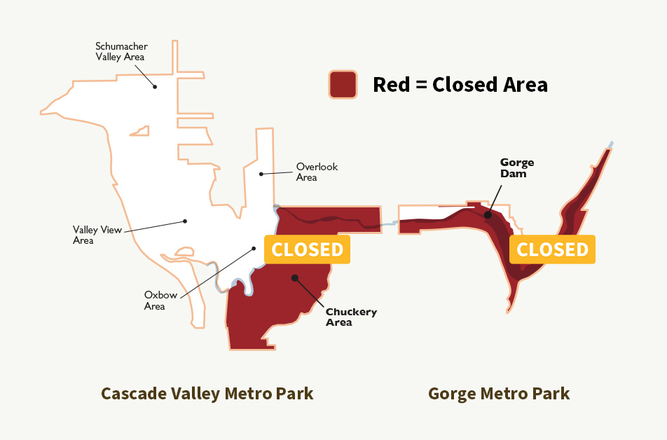 A map of closures at Cascade Valley Metro Park and Gorge Metro Park related to the removal of the Gorge Dam.