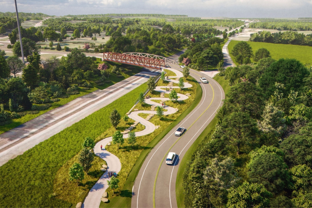 rendering that depicts the Freedom Trail connection point to the Portage Hike & Bike Trail at Middlebury Road