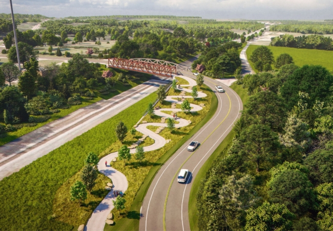 rendering that depicts the Freedom Trail connection point to the Portage Hike & Bike Trail at Middlebury Road