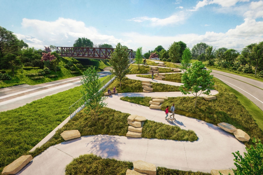 A rendering depicts users walking and biking along the new switchbacks of the Freedom Trail at Middlebury Road