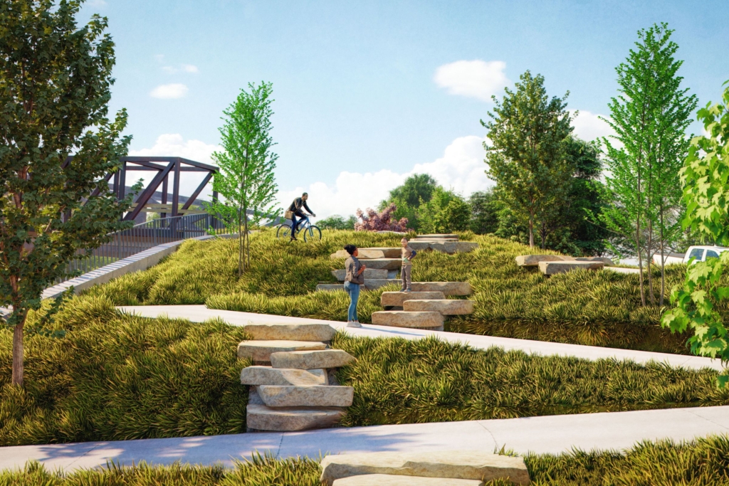 redering of the new connection shows a mother stopping to watch her son standing on the stone path that cuts through the switchback while a cyclist maneuvers through the winding connection