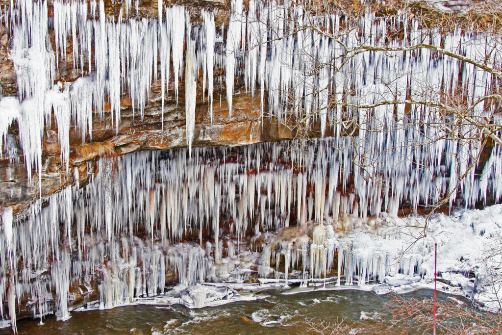 thousands of icicles hang from layers of rocks in an area called Crystal Palace in Gorge Metro Park