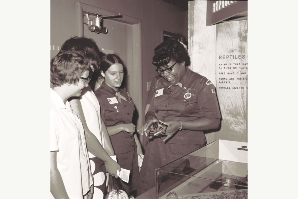 Girl Scouts visiting the reptile exhibit at F.A. Seiberling Nature Realm in August 1969