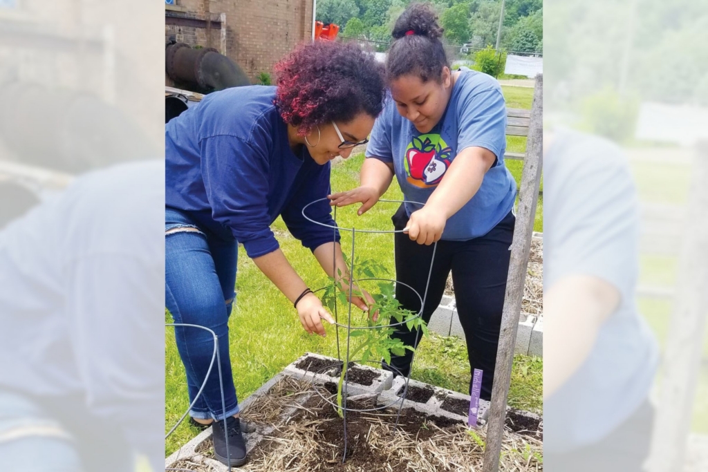 Neighborhood residents Zarien and Alicia place a wire cage around a young plant in the gardens at Summit Lake Nature Center