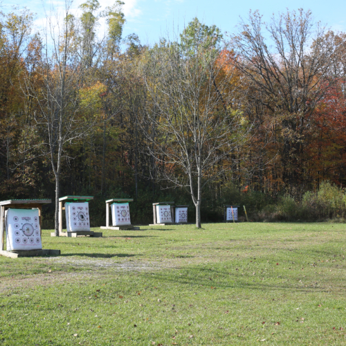Archery targets set up in a field.