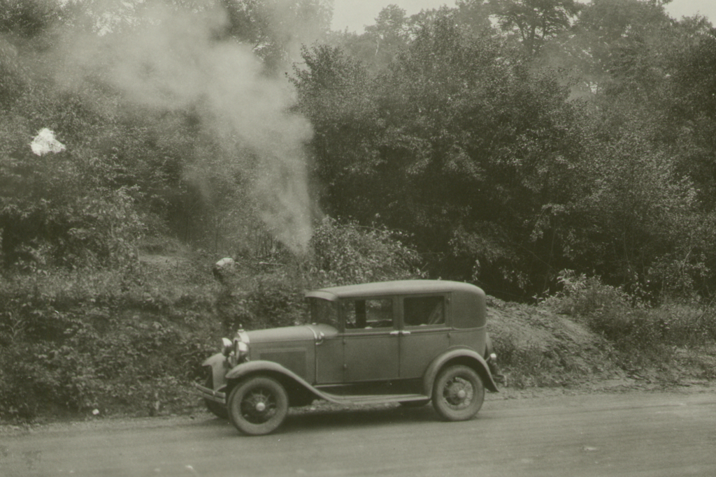 black and white image of Park director-secretary Harold S. Wagner’s Ford car in June 1931 at Sand Run Metro Park