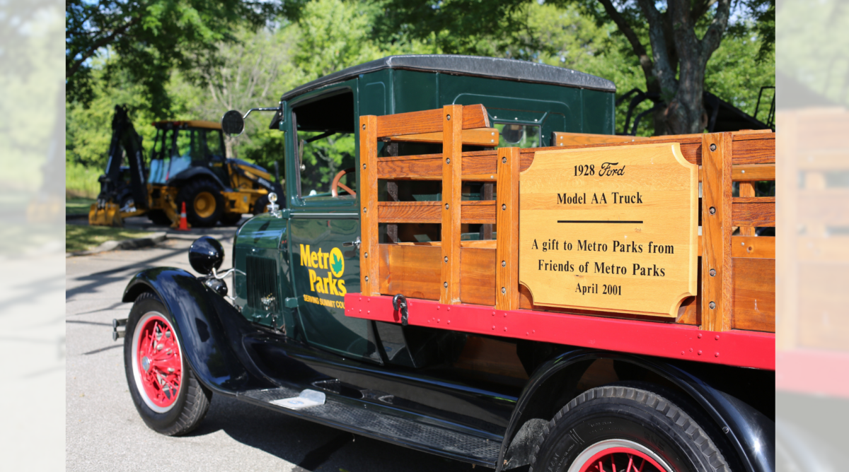 A sign on the Ford Model AA truck says, “A gift to Metro Parks from Friends of Metro Parks, April 2001.”
