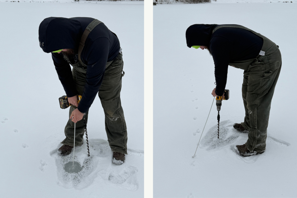 a composite image shows an operations crew member checking the depth of the ice on the lake