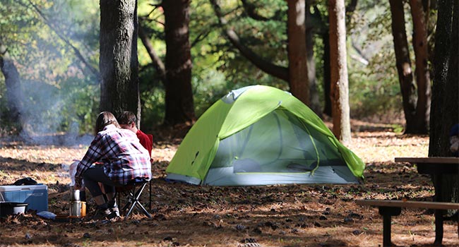 Two people sit by a fire near a green tent.