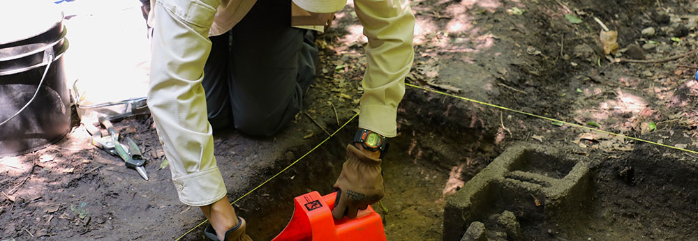 A person using various tools digs in the dirt