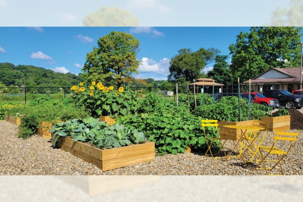 Garden beds in the community gardens at Summit Lake Nature Center are full of vegetables, sunflowers and other plants. A yellow set of table and chairs sits nearby for visitors. 