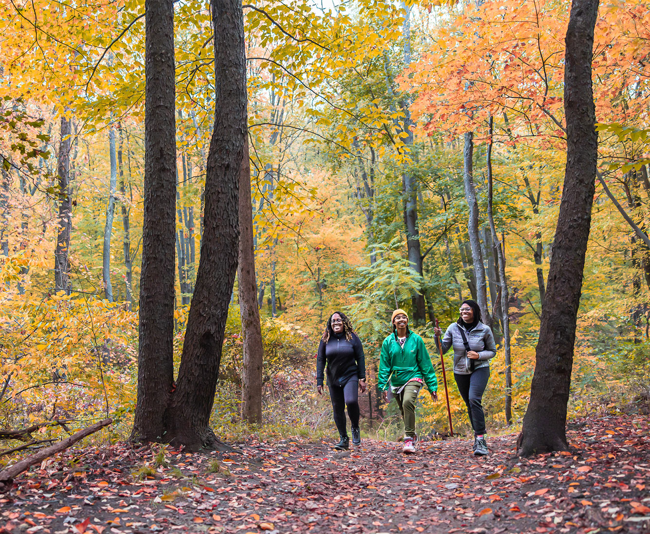 Three women hiking in the fall