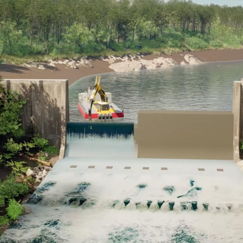 A graphic rendering of a boat with a crane behind a partially-removed dam.