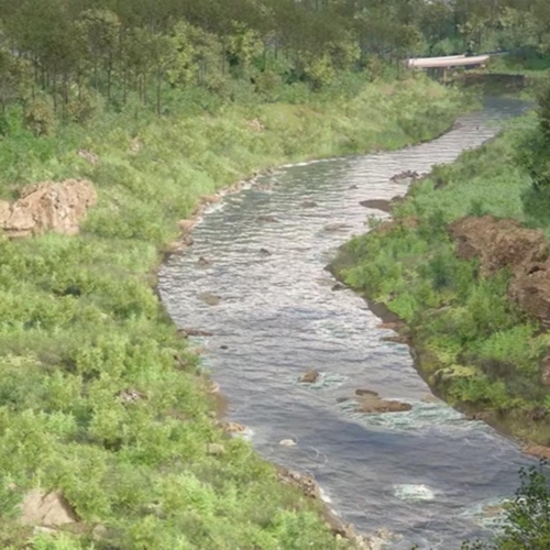 An graphic rendering of a river flowing through land covered in green brush.