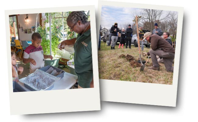Two polaroid pictures, one of a woman working on a project with two kids, and another of a man demonstrating planting a tree to a small group of volunteers.