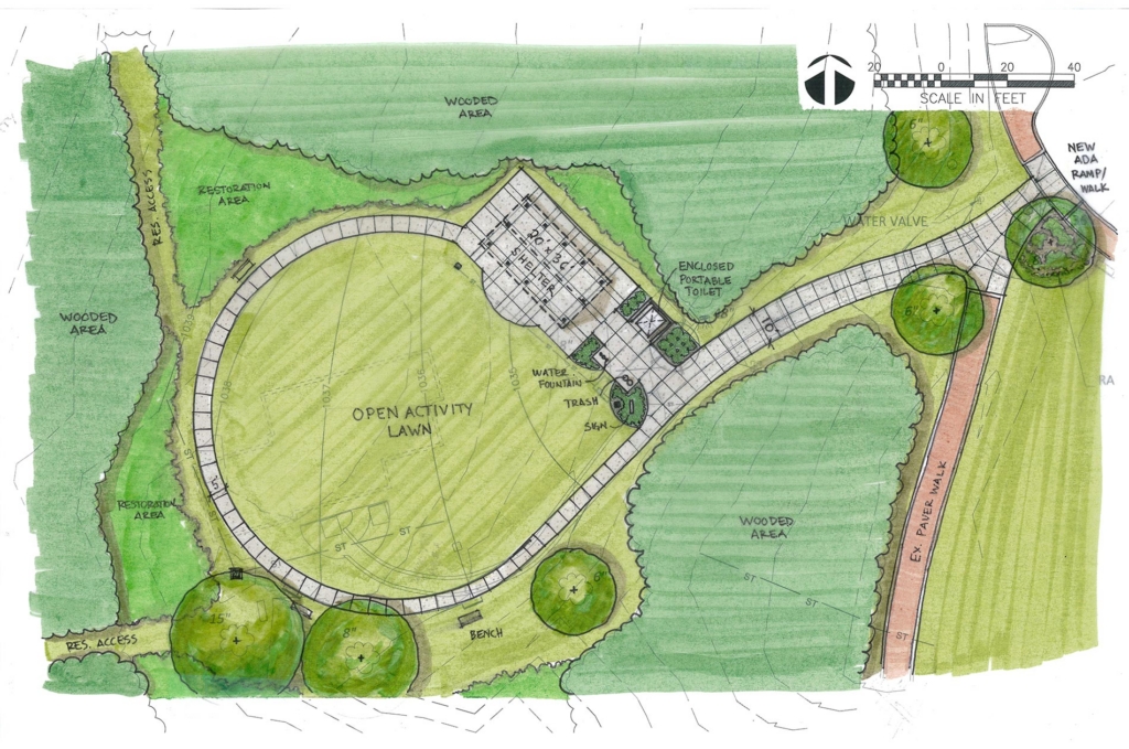 An overhead drawing of a shelter and surrounding landscape.