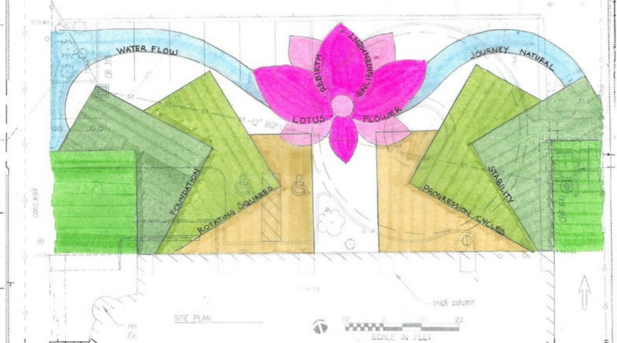 An initial sketch of the plaza’s design which includes interpretive elements including the impala lily and four stone pillars at the center of the plaza.