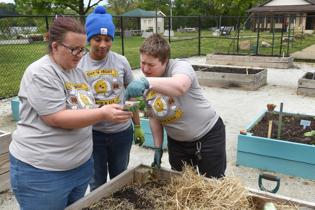 Three people in matching gray Out N' About t-shirts take a closer look at a packet of seeds about to be planted in a community garden bed