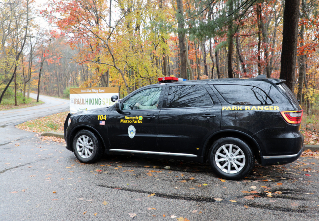 a black vehicle with sirens and yellow decals with fall foliage in the background