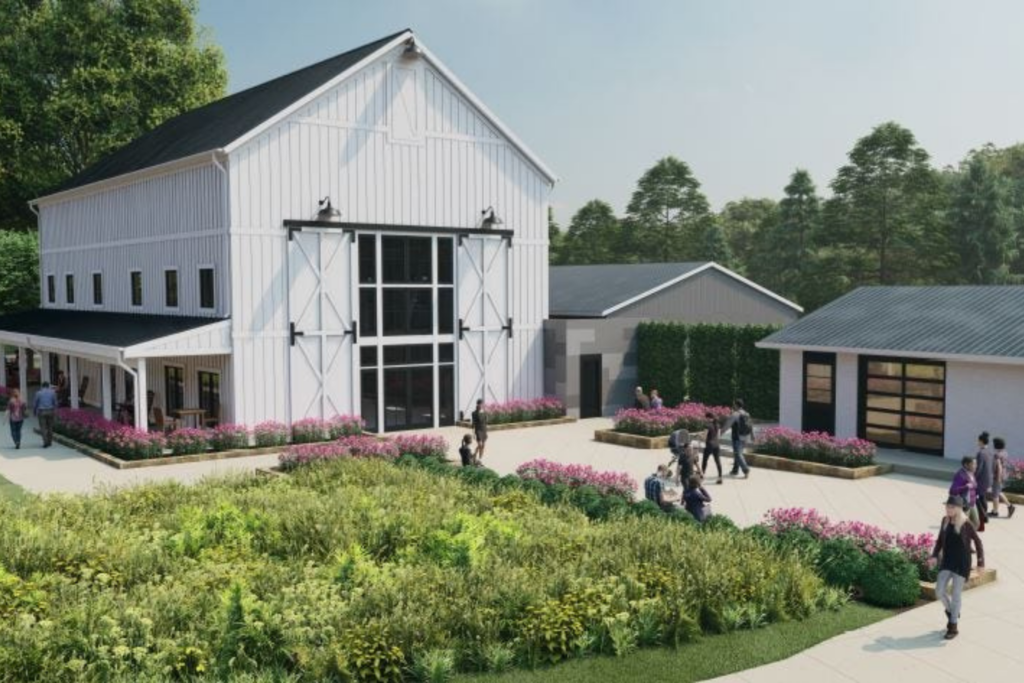 a rendering shows a potential final look for the former clubhouse with visitors walking around the new outdoor space