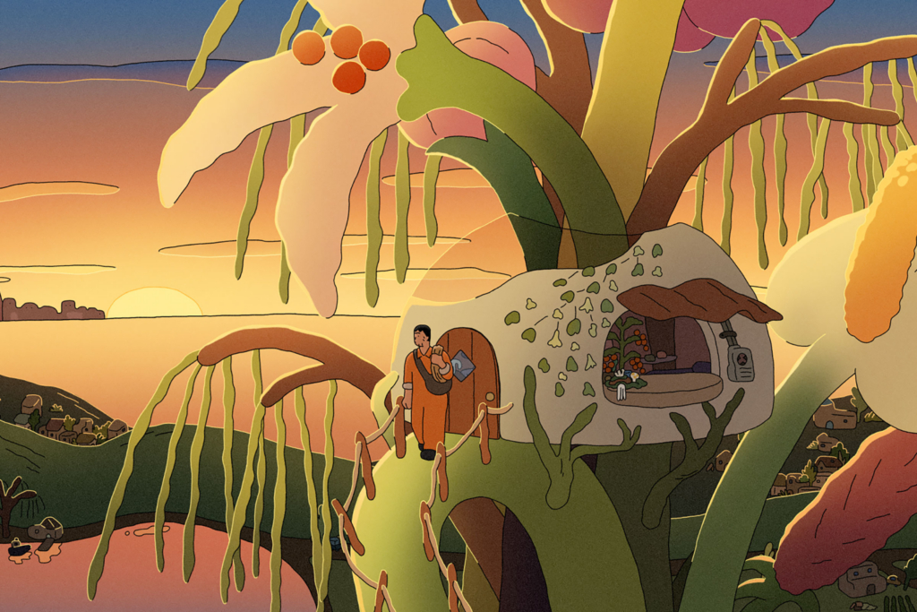 cartoon  with yellow, green, and brown hues of a person walking out of a treehouse with oversize plants surrounding them with a yellow sky in the background
