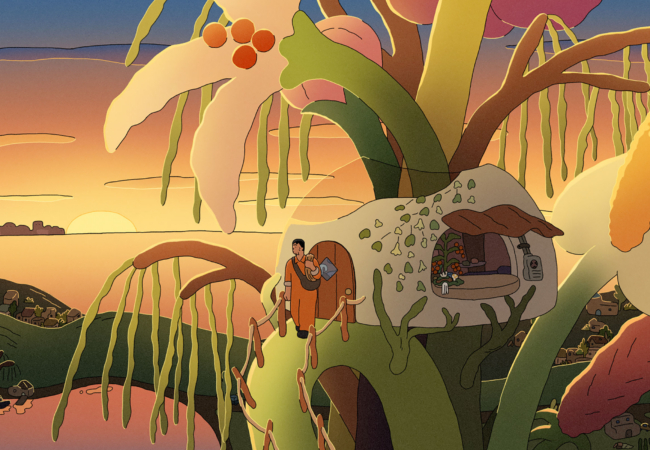 cartoon with yellow, green, and brown hues of a person walking out of a treehouse with oversize plants surrounding them with a yellow sky in the background